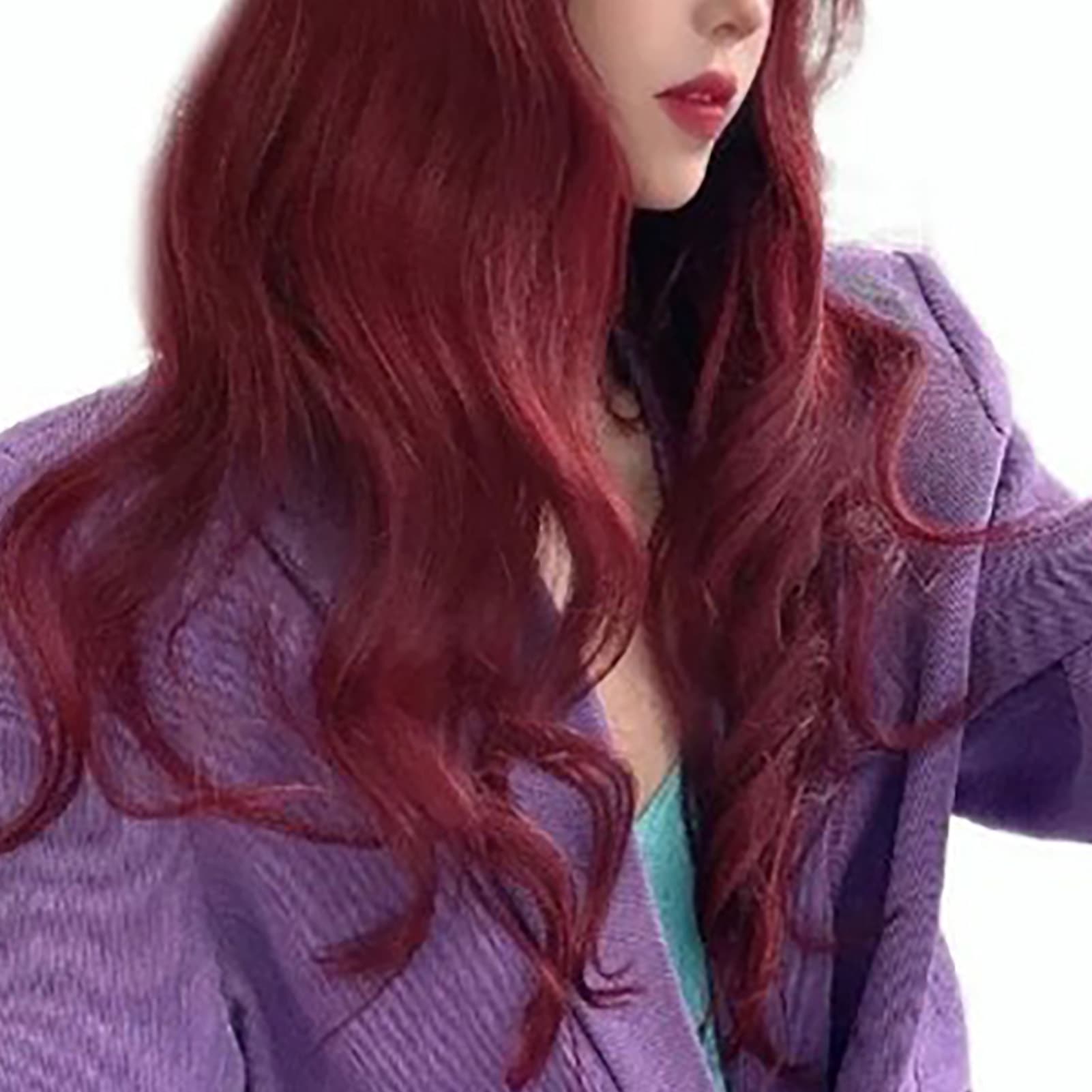 Long Wave Wig Cosplay Synthetic Hair With See Through Bangs For Women Dating Daily Use Wine Red