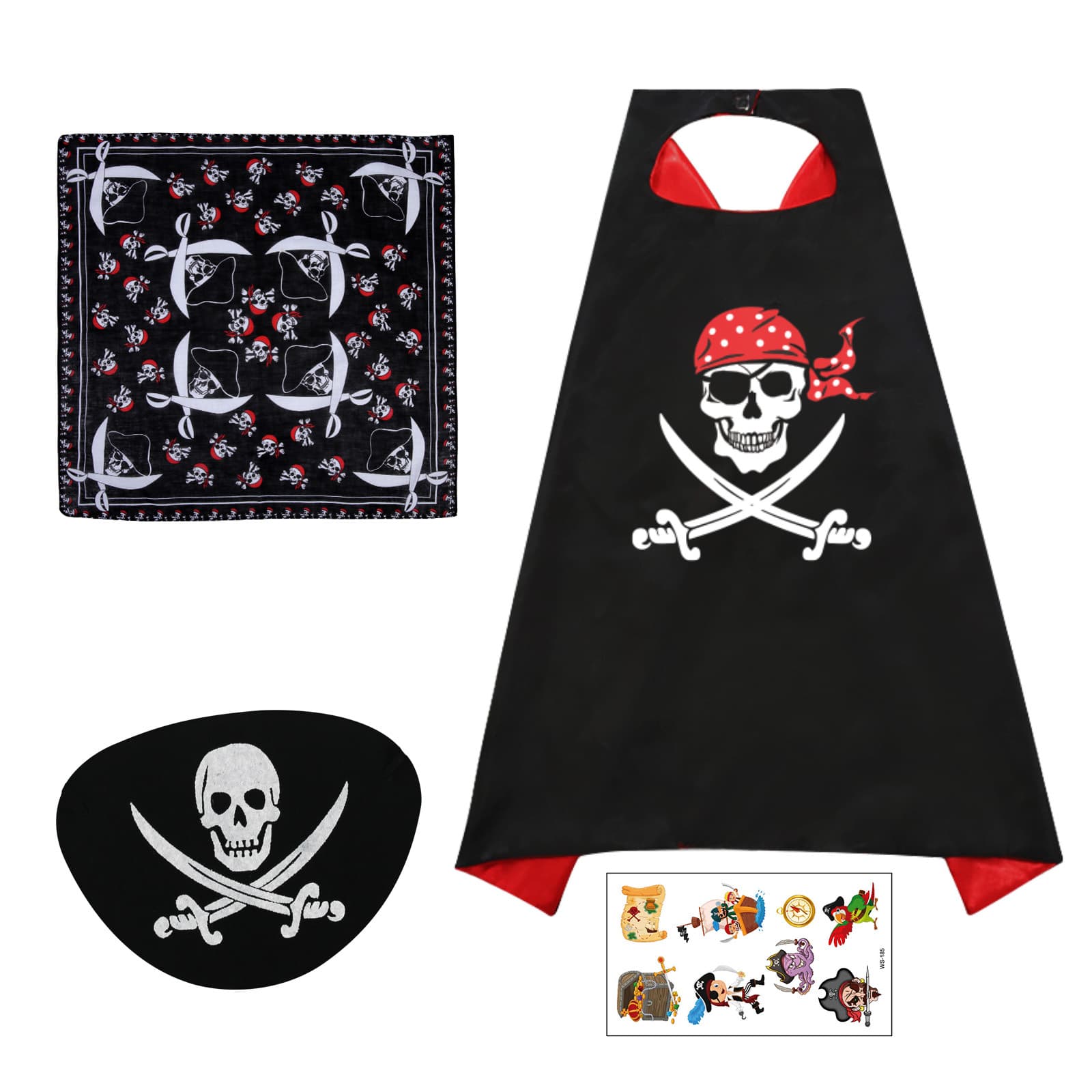 Pirate Costume Set With Eye Patch, Head Scarf, Cape & Tattoo – Carnival & Halloween Costume – Full-Evening Par