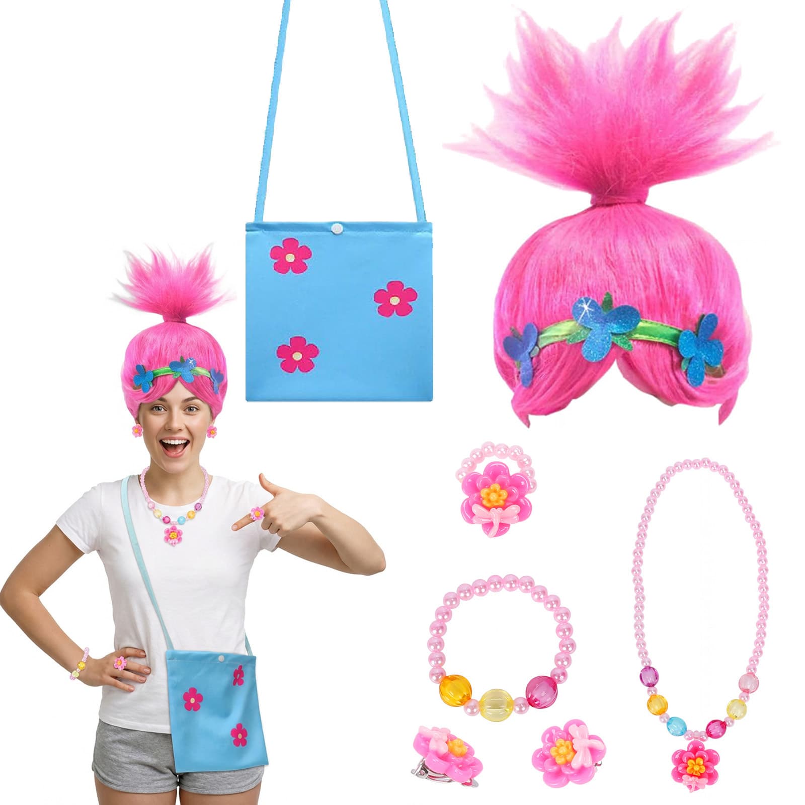 Women’s Troll Costume Set With Wig And Bag, Colorful Troll Costume For Women, Playful Halloween Costume With T