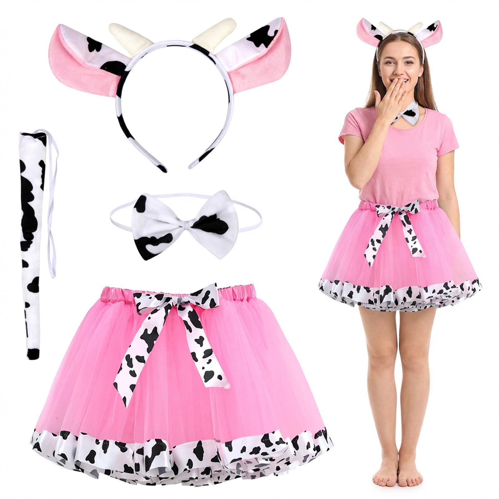 Cow Costume 4-Piece Set – Complete Costume Set With Polka-dot Skirts For Carnival, Halloween, And Parties – Pa