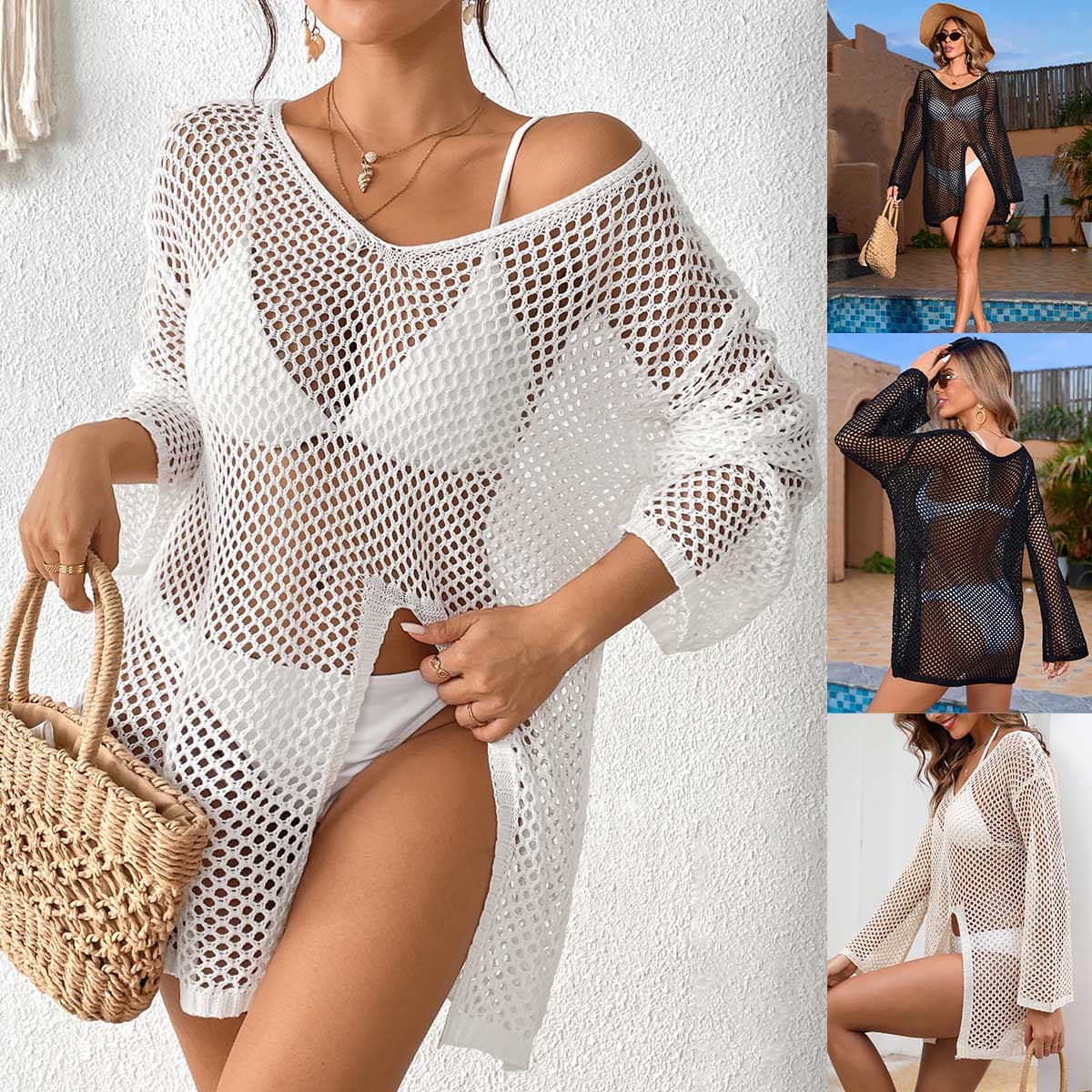 New Irregular V Neck Cover Up, Hollow Out Side Slit Bikini Beach Dress, Hot Selling European American Vacation