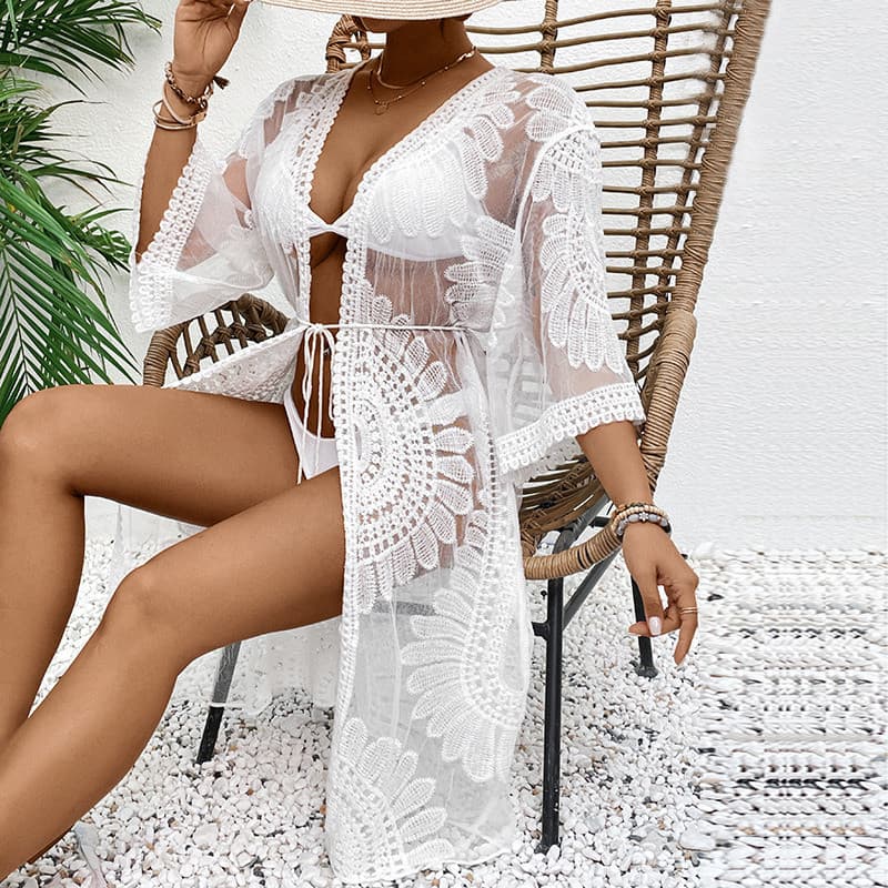 New Women Lace Embroidery Kimono Cardigan, Open Front Beach Cover Up, Bikini Swimwear Outerwear, Hot Selling S