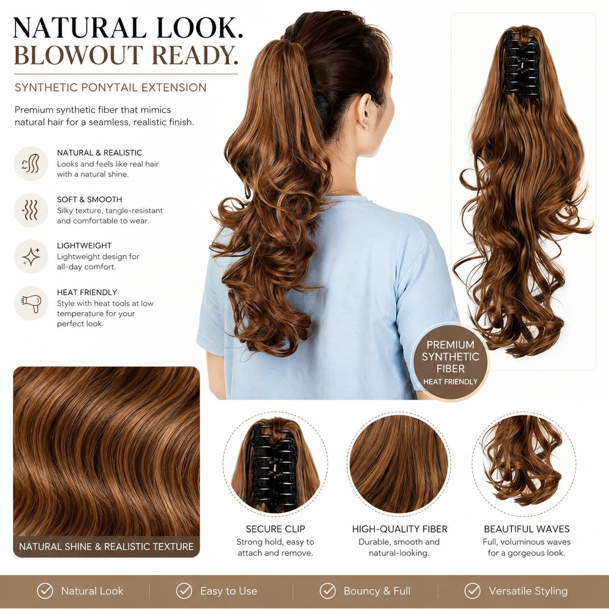 Clip-in Ponytail Hair Extension 22 Inches Wavy CurlySynthetic Wig For Women High-Quality Hairpiece Easy-to-Wea