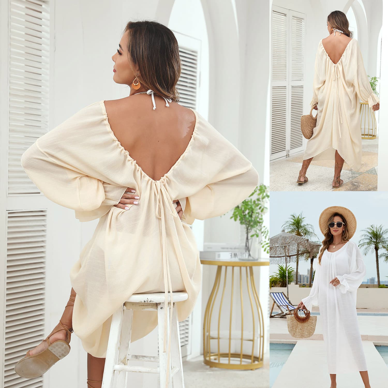 New Butterfly Back Kaftan, Round Neck Deep V Open Back Bikini Cover Up, Hot Selling Beach Kimono For Vacation
