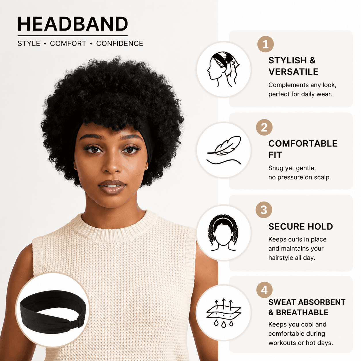 Natural Black Short Afro Kinky Curly Wig WithAttachedHeadbands Glueless Synthetic Wear And Go ForBlackWomen Fl