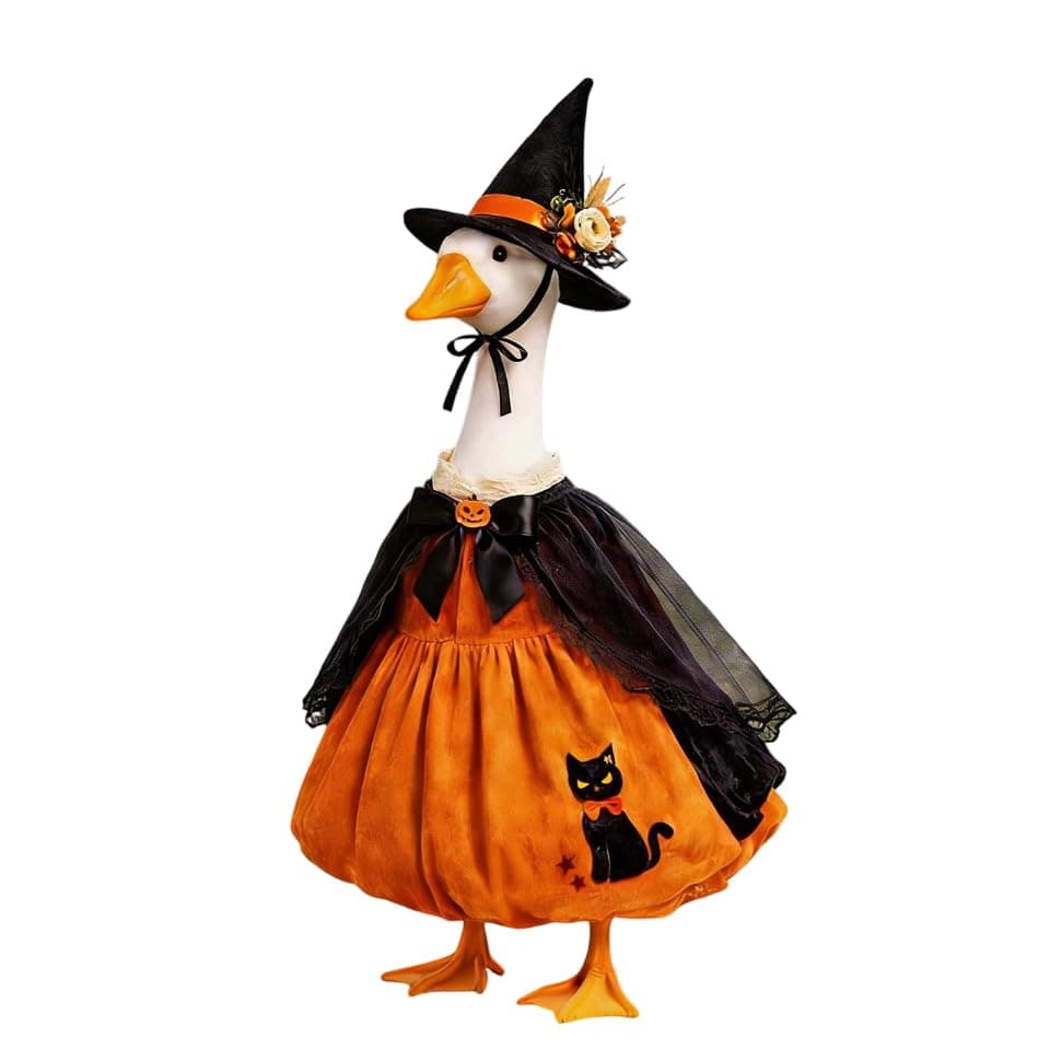 Halloween Porch Goose Outfits, Pumpkin Witch Black Cat Dress With Hat For 23'' Lawn Cement Plastic Goose Cute 
