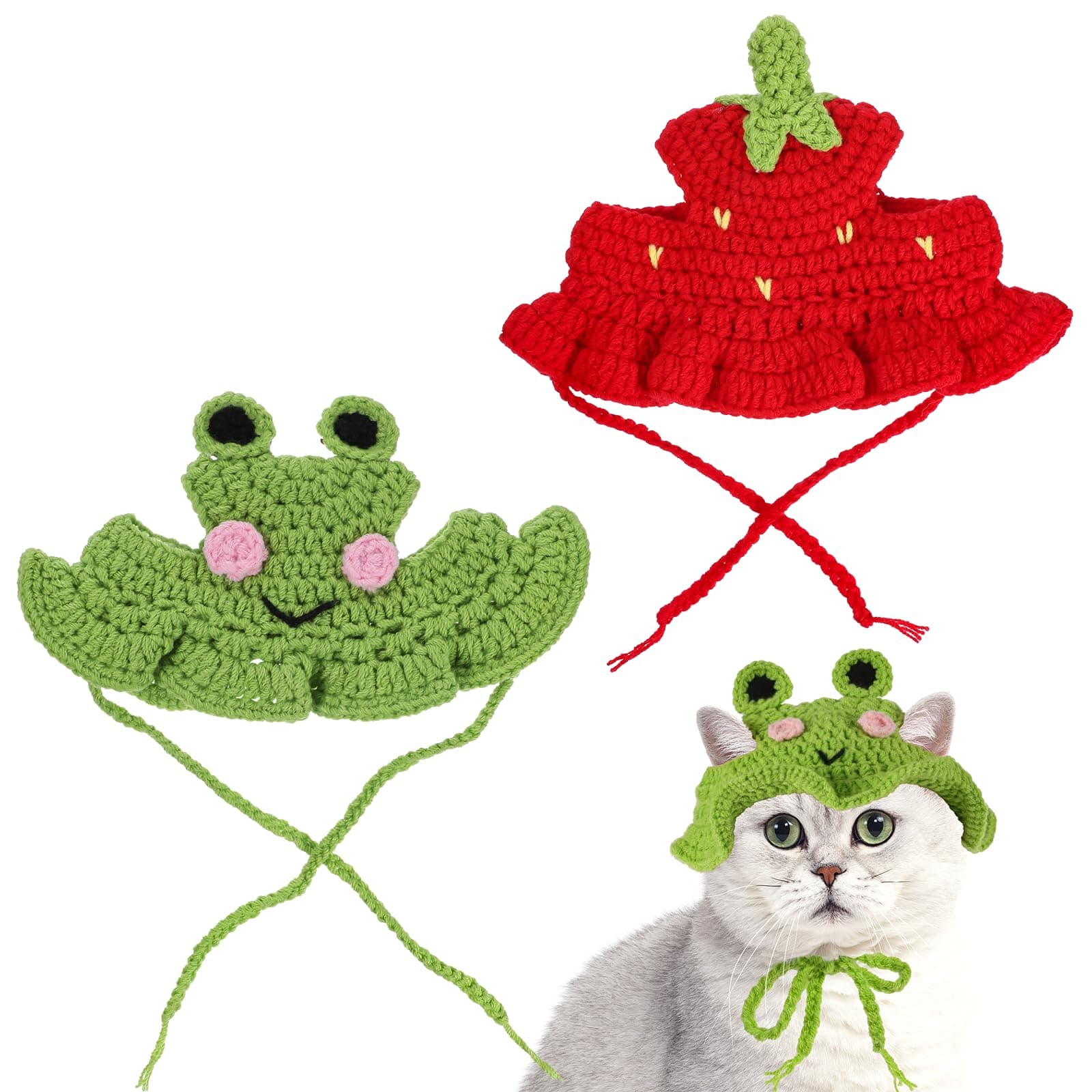 2Pcs Crochet Cat Hats Knit Cat Hat Strawberry And Frog Hat Cute Knit Cat, Soft, With Adjustable Cord, Handmade