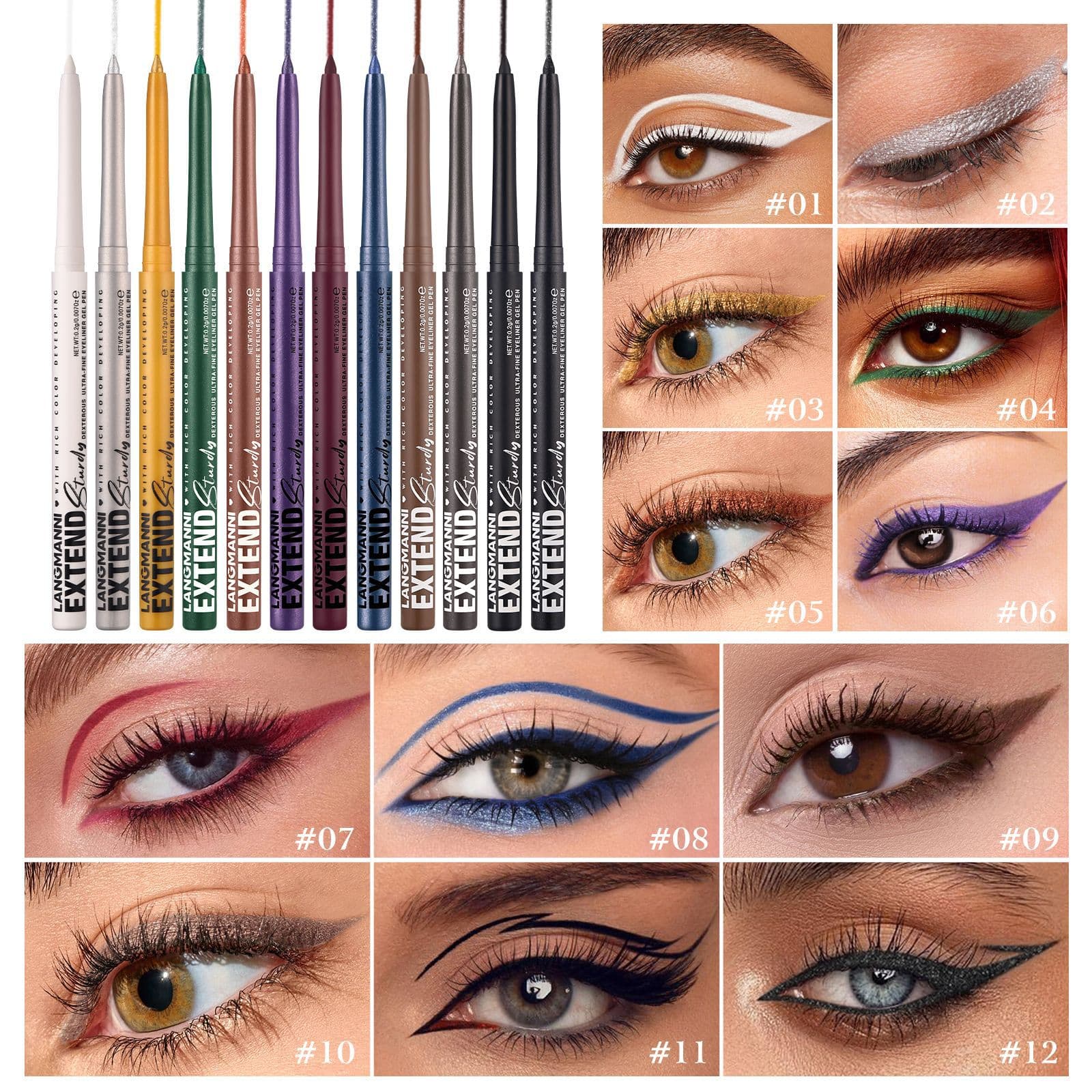 Colorful Gel Glitter Eyeliner Pencils Waterproof & Smudgeproof For Party, Halloween, Cosplay Makeup 12 Vibrant