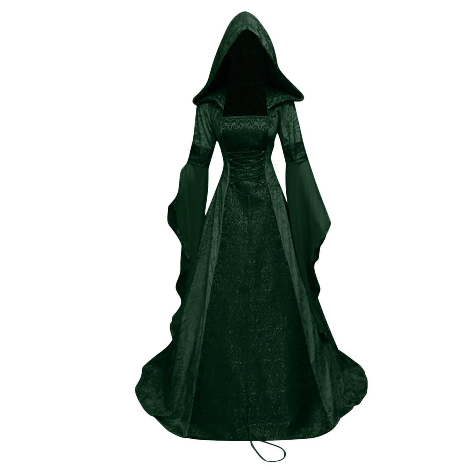 Medieval Vintage Hooded Robe Witch Cosplay, Gothic Court Halloween Costume, Waist-cinched Dress