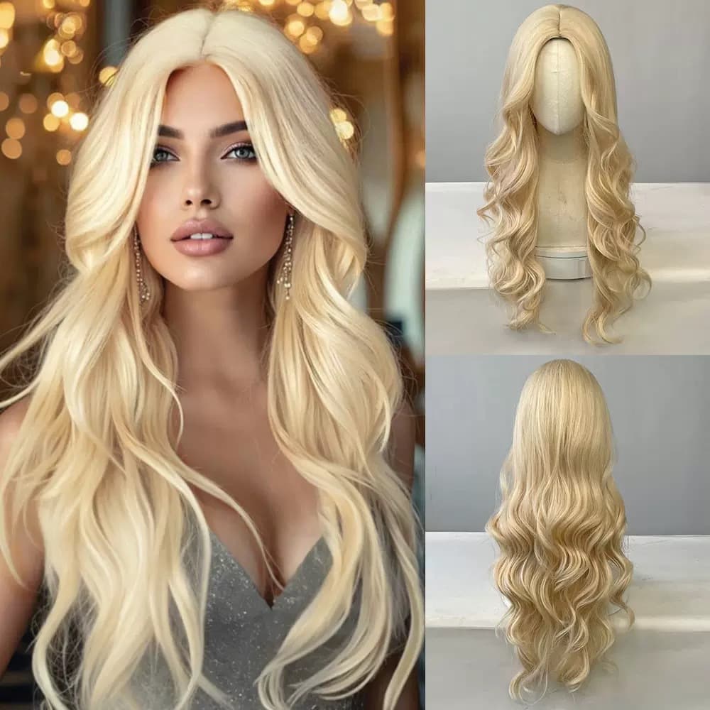 Blonde Middle-parted Small-curl Long Wavy Wig